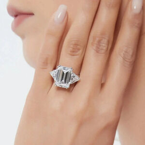 3 Stone 6CTW Emerald Cut Lab Created Diamond in Sterling Silver Size 7